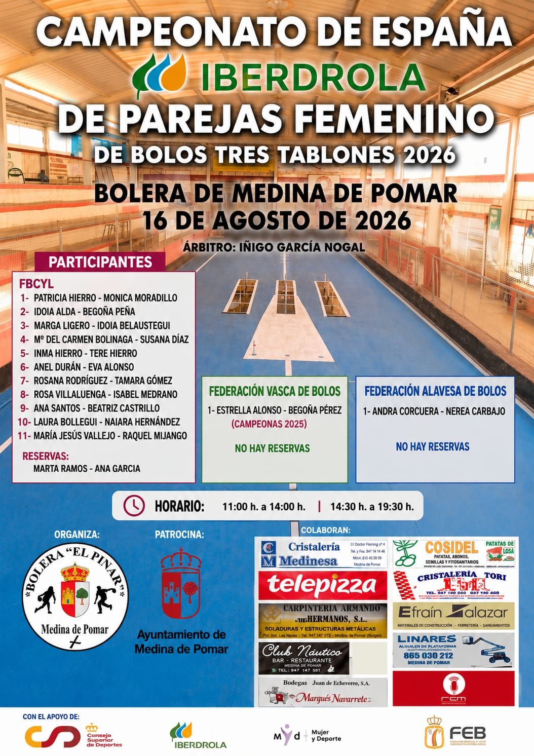 Campeonato de España de Parejas Femenino de Bolos Tres Tablones 2026.